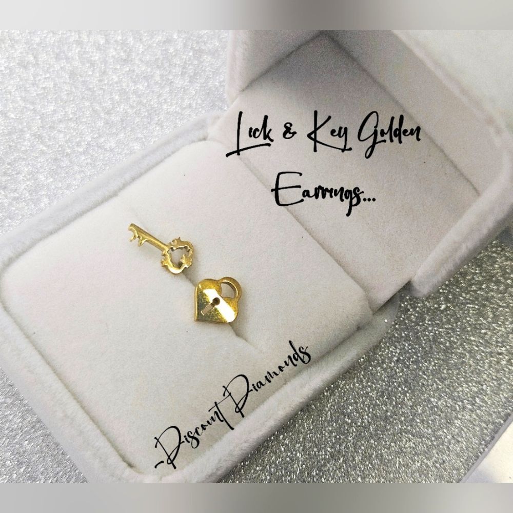 Gold Titanium Lock and Key Stud Pushback Earrings.